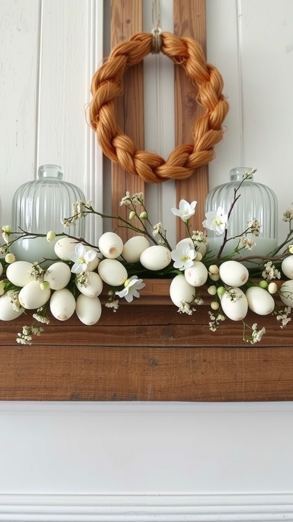 Easter garland on mantel with white eggs and blossoms, featuring a braided wreath