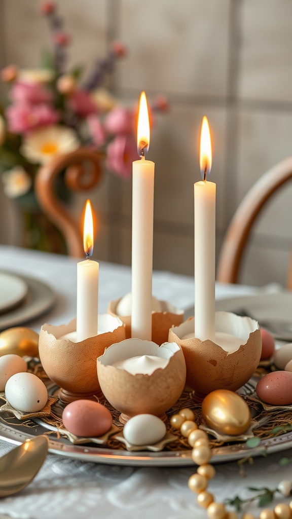 Eggshell candles surrounded by pastel eggs and a floral arrangement.