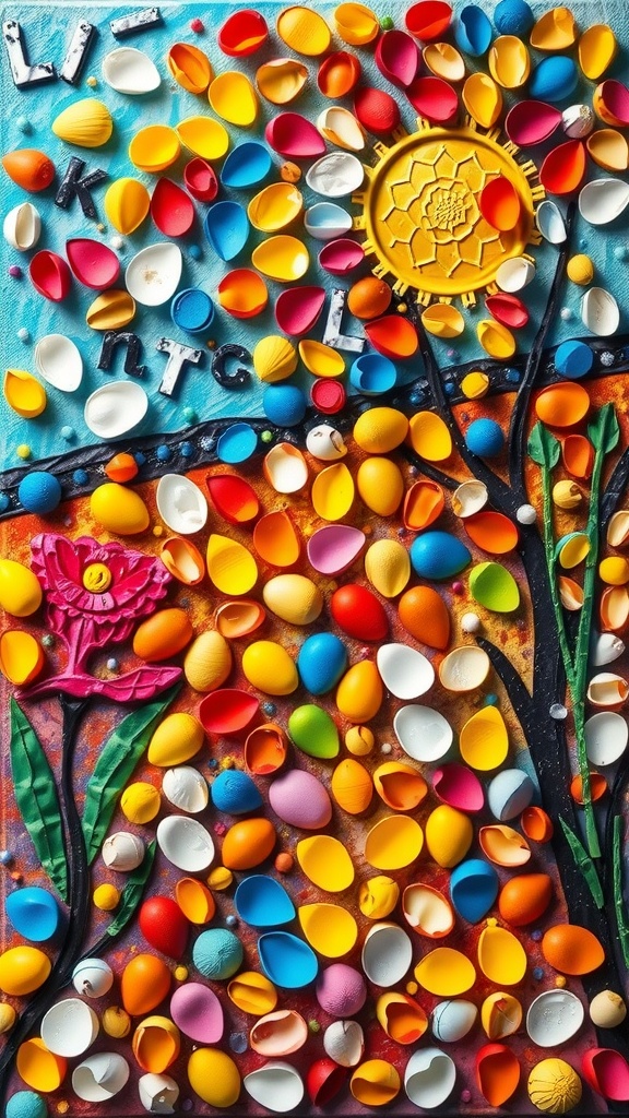 Colorful eggshell mosaic art depicting flowers and a sun.