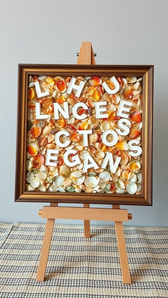 A framed mosaic art piece featuring eggshells and letters, displayed on an easel.