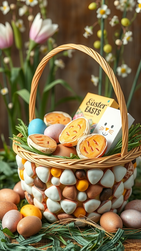 A decorative basket filled with colorful eggs and decorated with a mosaic of eggshells.