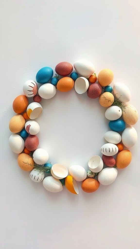 A colorful wreath made of painted eggs in various colors, arranged in a circular shape.