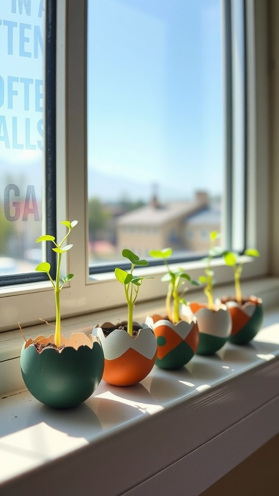 Colorful eggshell planters with small plants growing in them on a windowsill