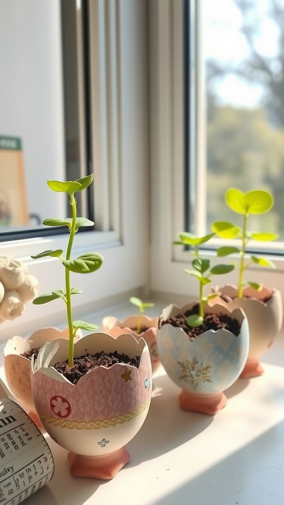 Decorated eggshell planters with small green plants growing inside