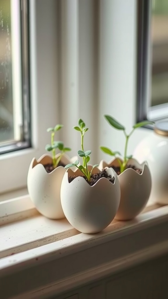 Three eggshell planters with small green plants growing inside, sitting on a windowsill