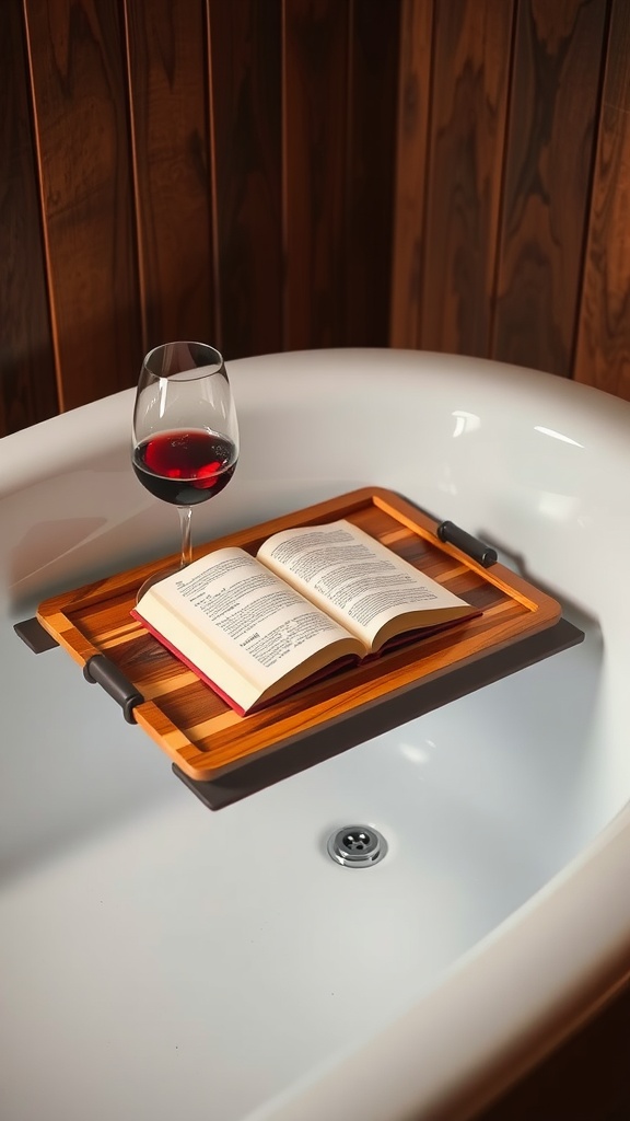 A wooden bathtub tray holding a book and a glass of red wine on a white bathtub.