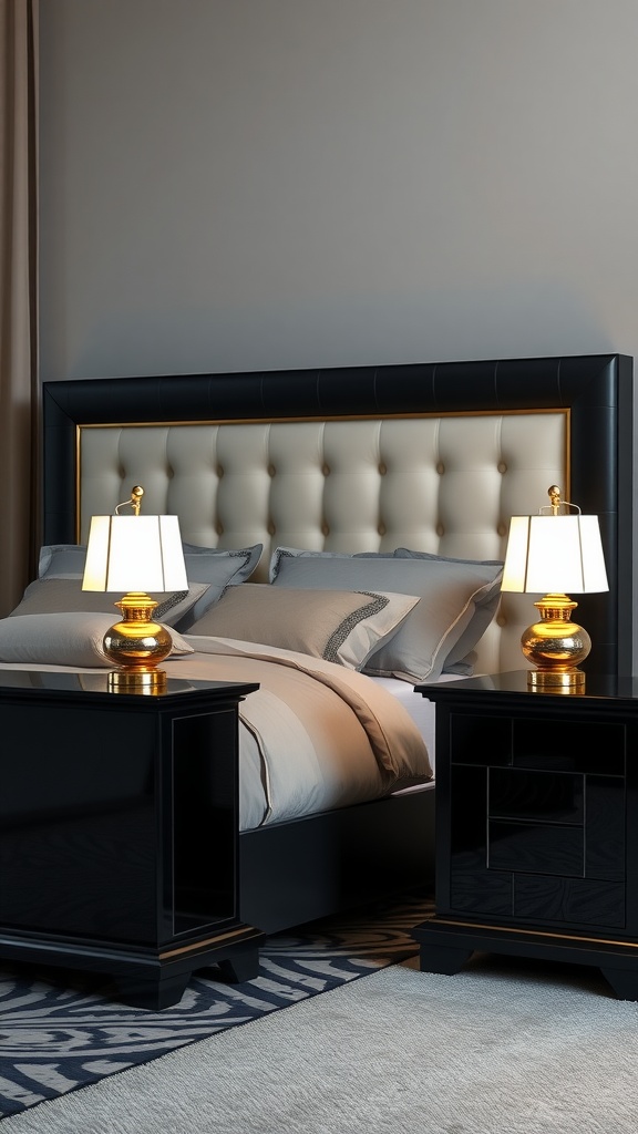 Black nightstands with gold lamps beside a plush bed in a stylish bedroom.