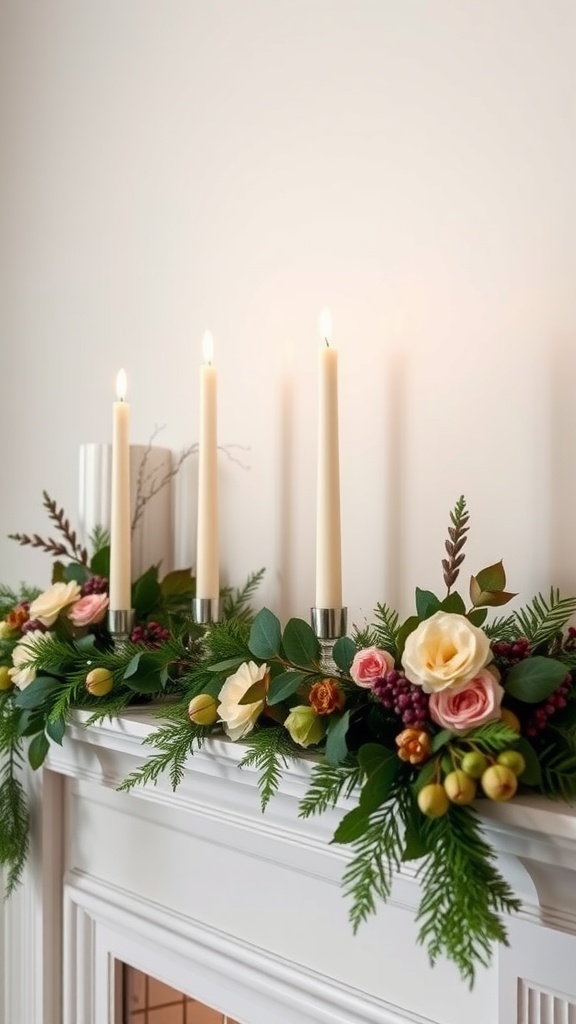 Elegant candle display with flowers on a fireplace mantel.