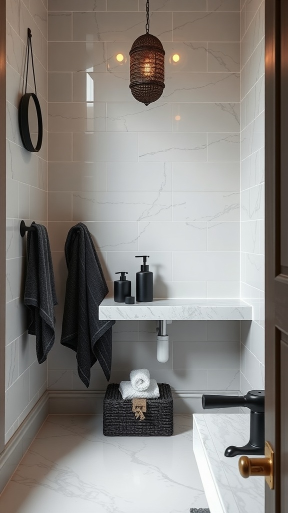 A stylish dark-themed bathroom with black accessories including towels, bottles, and a woven basket.