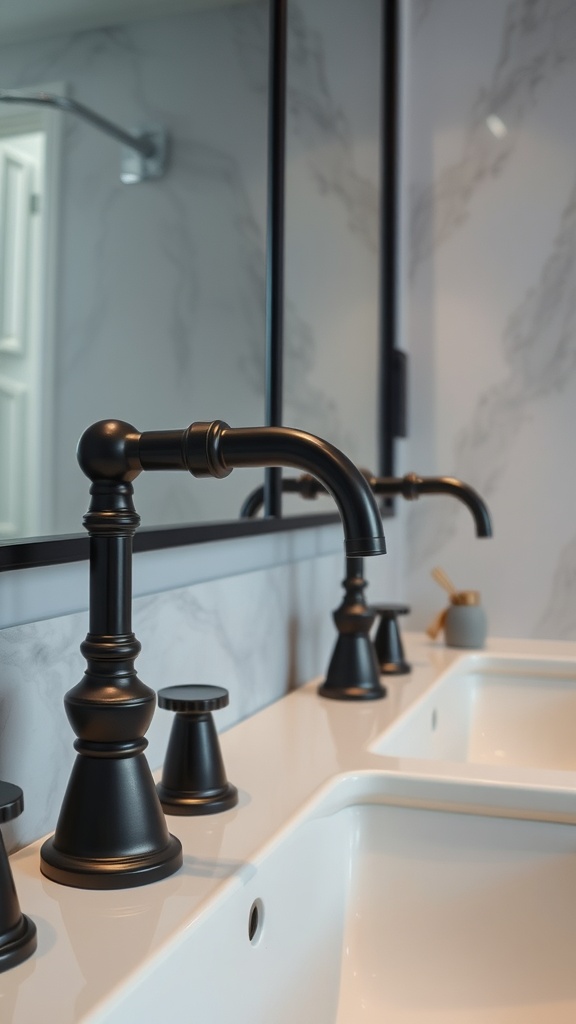 Close-up of elegant dark bathroom fixtures on a white countertop