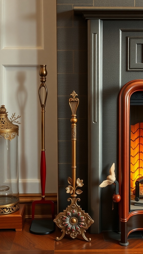 A set of elegant fireplace tools with floral design, displayed next to a cozy fireplace.