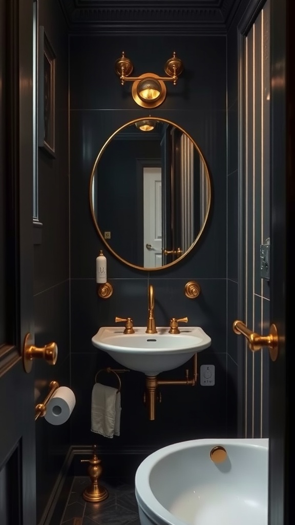 Small dark bathroom featuring elegant gold fixtures and hardware