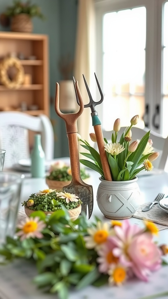 A table setting featuring garden tools and flowers.