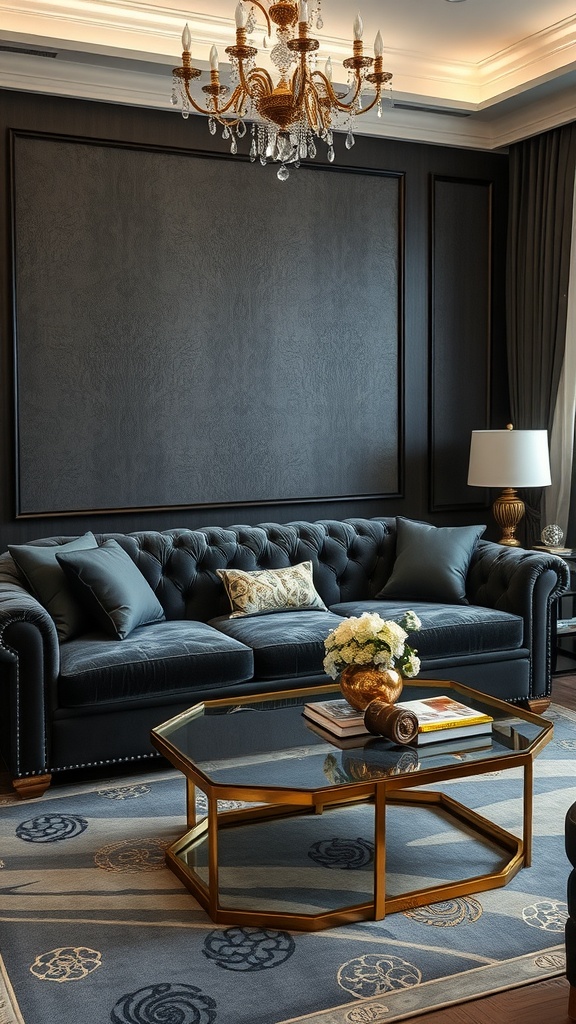 Elegant living room featuring a dark gray tufted couch, gold accents in chandelier and coffee table, and a stylish rug.