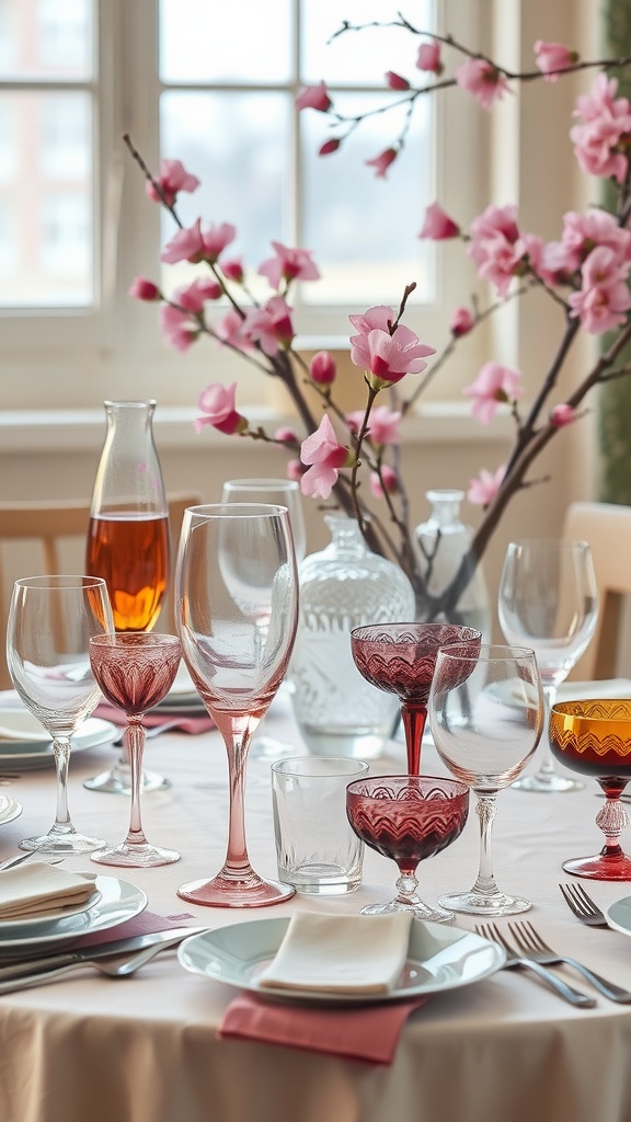 A beautifully set spring dinner table featuring various glassware options, with pink flowers in the background.