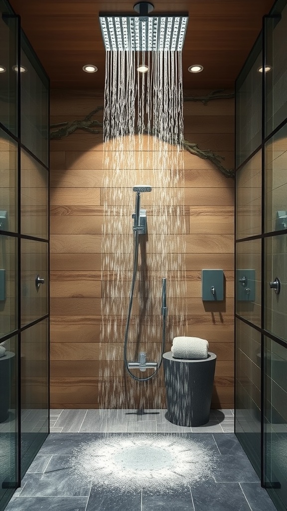 An elegant rain shower with wooden walls and stone tiles, featuring a large overhead showerhead and a sleek hand shower.