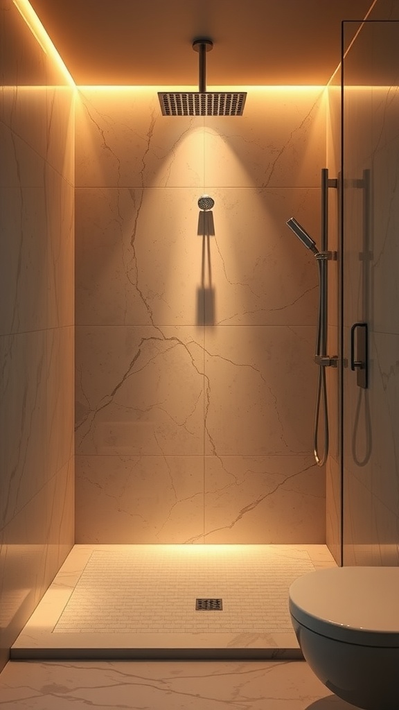 Elegant shower lighting with warm tones illuminating the bathroom