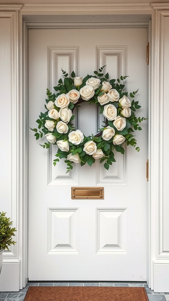 A white rose wreath on a front door with greenery.