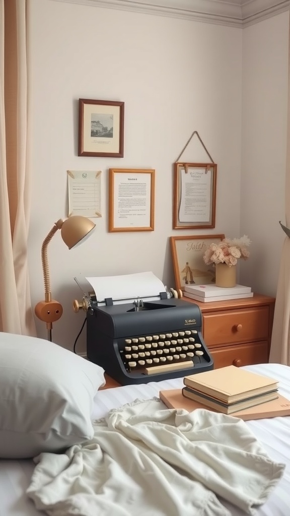 Cozy writing station featuring a vintage typewriter, books, and framed art on the wall.