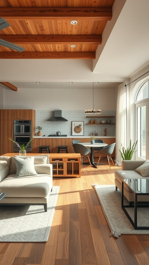 A modern living room and kitchen combined in an open layout with wooden beams, neutral furniture, and a cozy atmosphere.