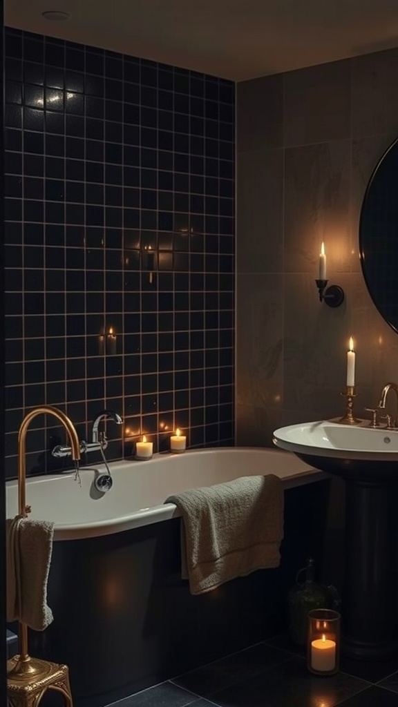 A dark bathroom with a bathtub and candles giving a warm glow.