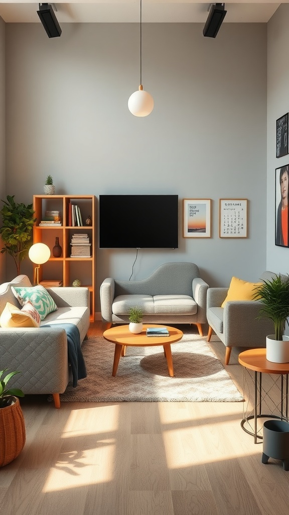 Cozy dorm living room with gray couches, a wooden coffee table, and warm lighting