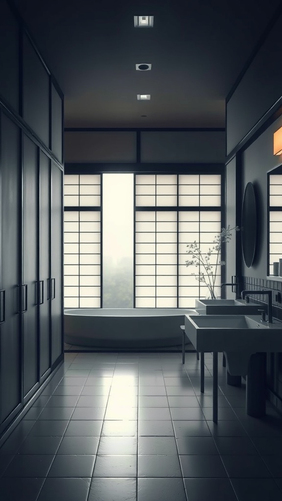 A serene Japanese bathroom featuring Shoji screens and a minimalist design