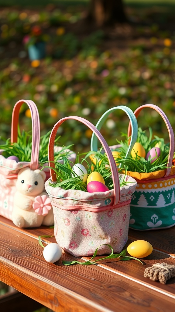 Colorful fabric Easter baskets filled with eggs and a plush bunny on a wooden table