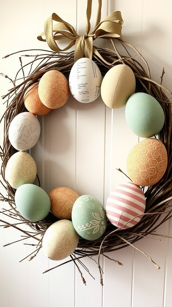 A fabric egg wreath featuring pastel colored eggs and a ribbon, displayed on a wall.