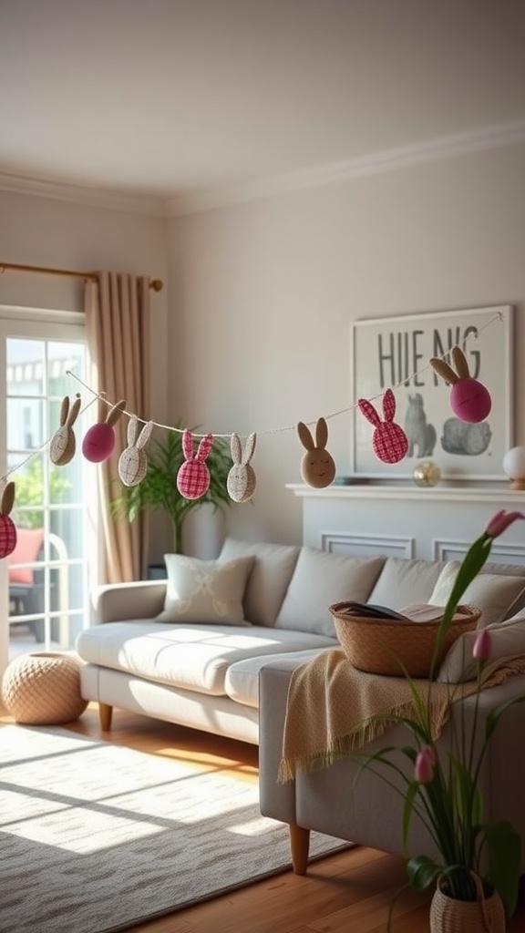 A colorful fabric garland with bunny cutouts hanging in a bright living room.