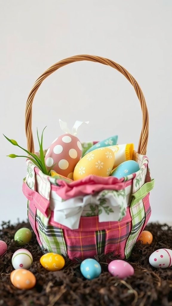 Colorful fabric scrap basket filled with Easter eggs, featuring a pink and plaid design.