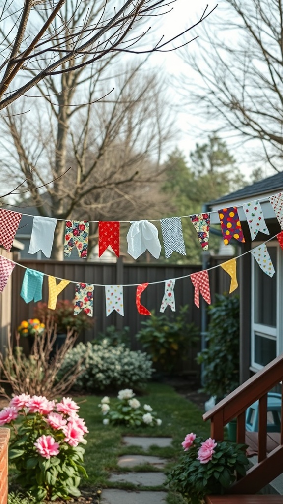 Colorful fabric scrap bunting hanging in a garden