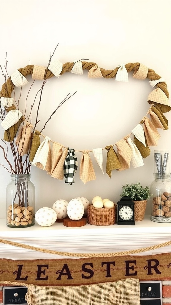 Easter garland made of fabric scraps and twisted rope hanging above a decorated mantel.