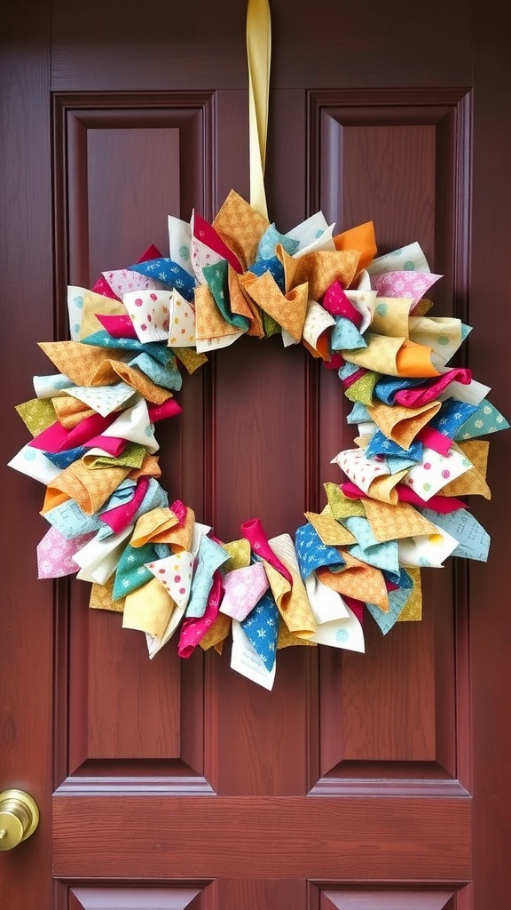 A colorful fabric scraps wreath hanging on a brown front door.