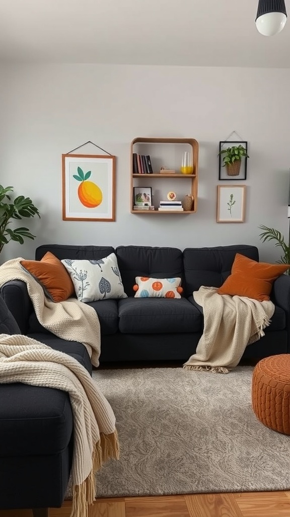 A cozy living room featuring a dark gray couch adorned with orange pillows and a soft blanket, surrounded by decorative elements.