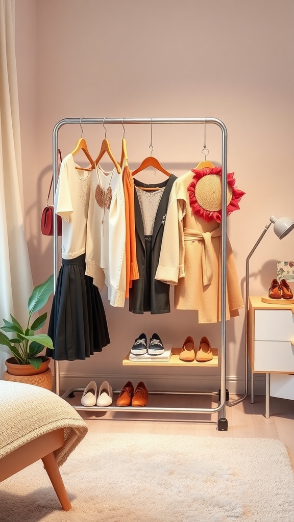 A fashion display rack with colorful clothing and shoes in a stylish bedroom setting.