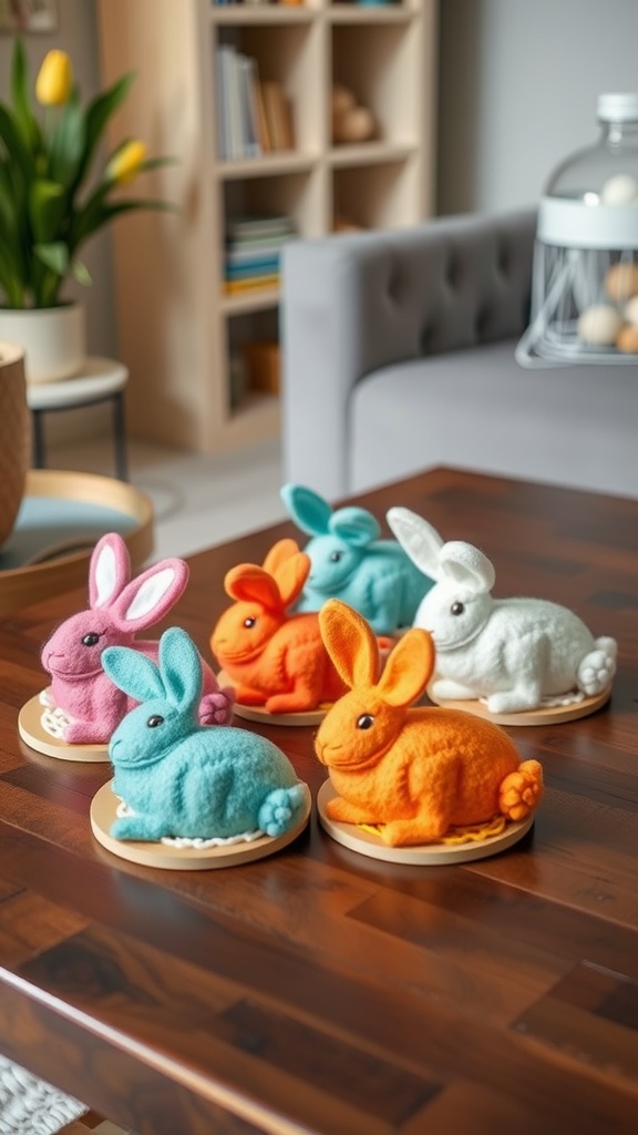 Colorful felt bunny coasters in various pastel shades placed on a wooden table