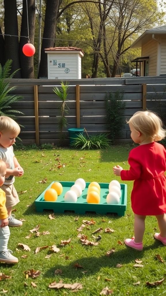 Toddlers playing a Felt Easter Egg Toss in a backyard