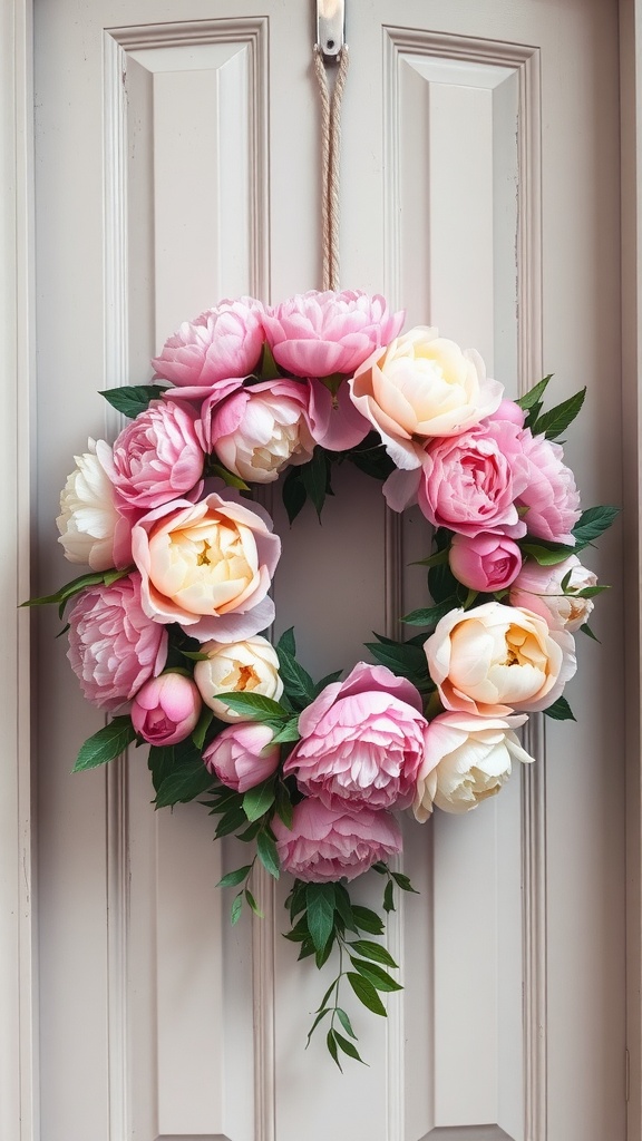 A feminine wreath made of pink and cream peonies, hanging on a light-colored door.