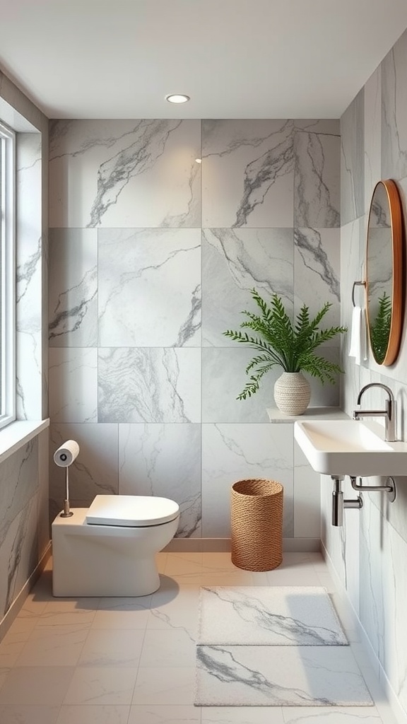 A modern bathroom featuring marble walls, a plant, and a clean design.