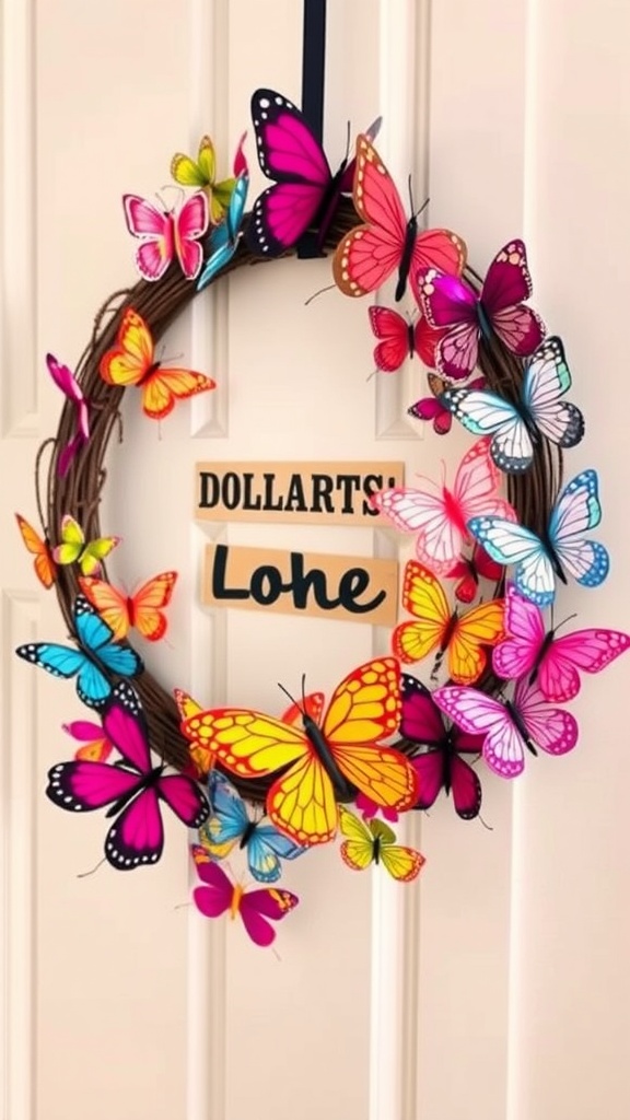 A colorful butterfly wreath made of various butterflies attached to a vine base, hanging on a door with a sign that says 'Lohe'.