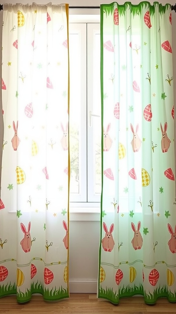 Curtains with bunny and Easter egg designs hanging in a bright, sunlit room