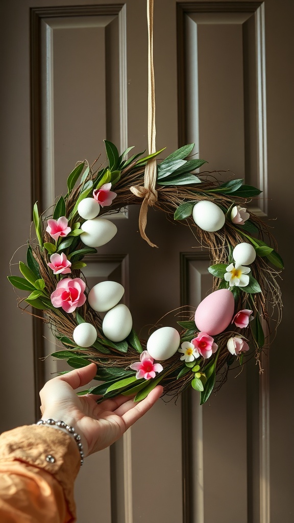 A hand holding a decorated Easter wreath with flowers and eggs.