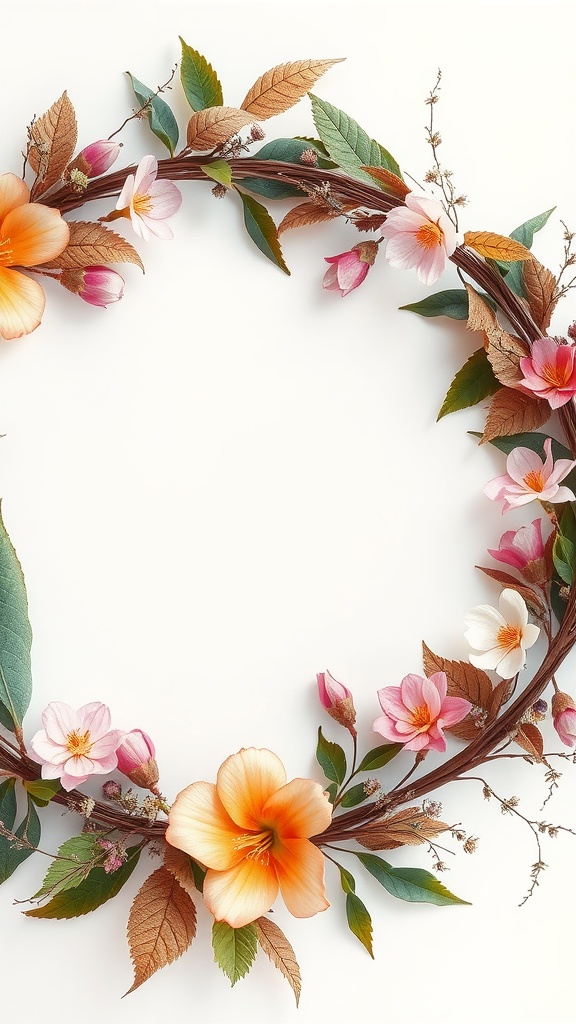 A beautifully crafted wreath with pink and orange flowers and green leaves, set against a white background.