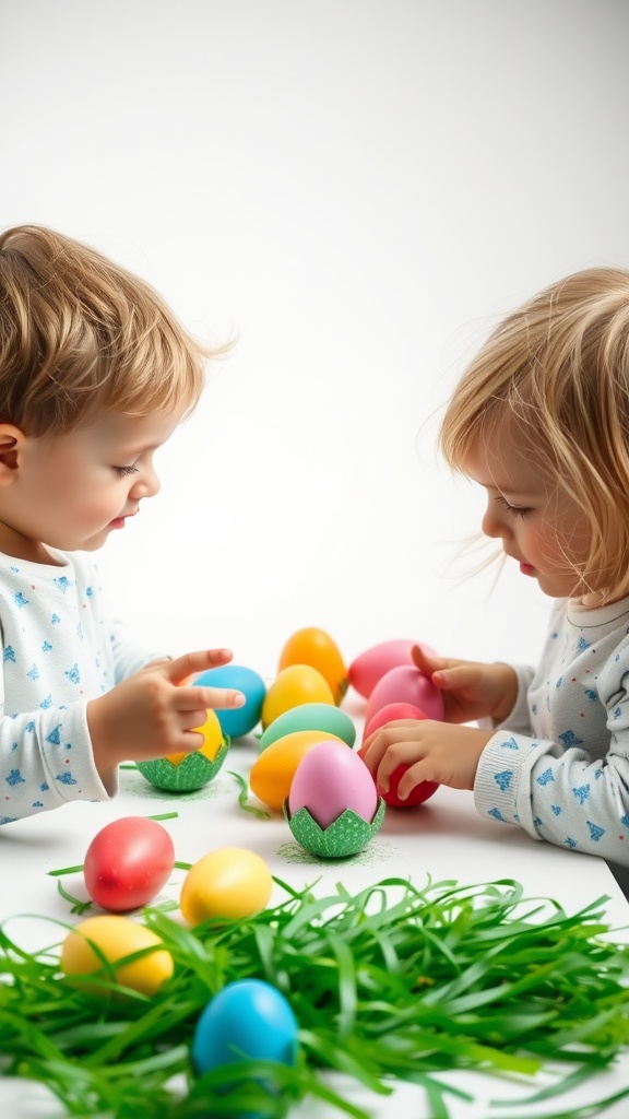 Two toddlers painting colorful Easter eggs together