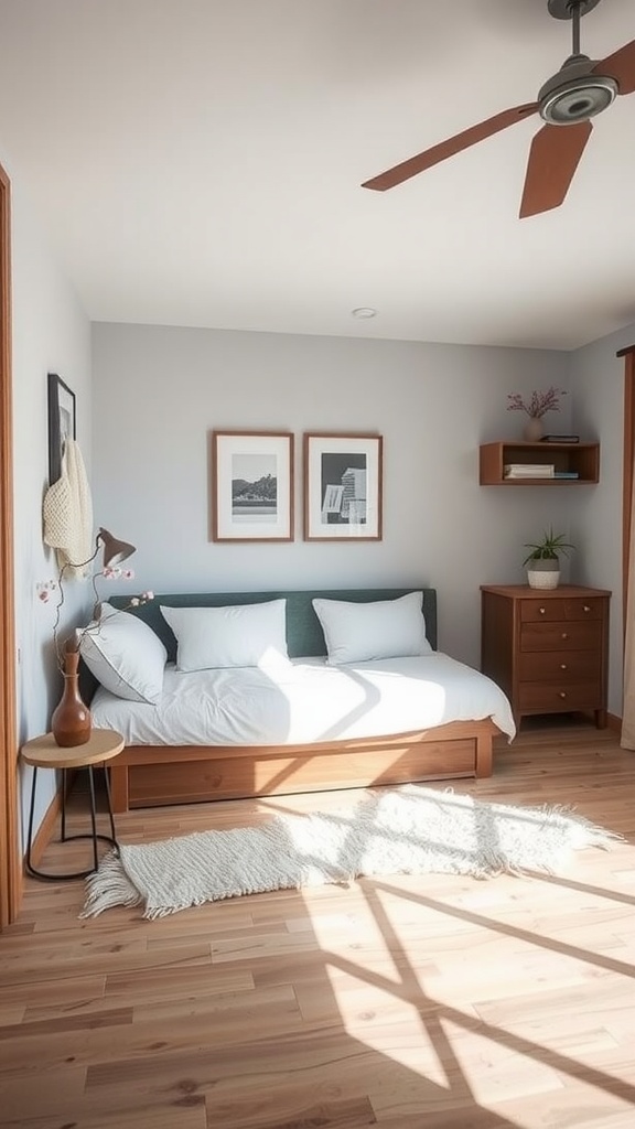 A cozy small shared bedroom with a daybed, light wood flooring, and simple decor