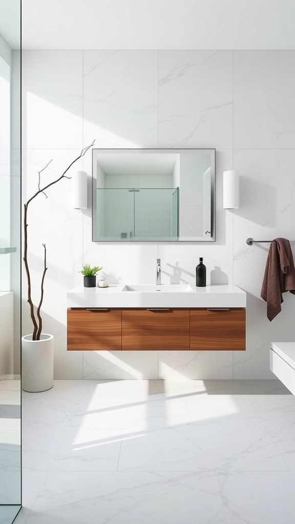 A modern bathroom featuring a floating vanity with wooden drawers and a white countertop, complemented by a large mirror and natural light.