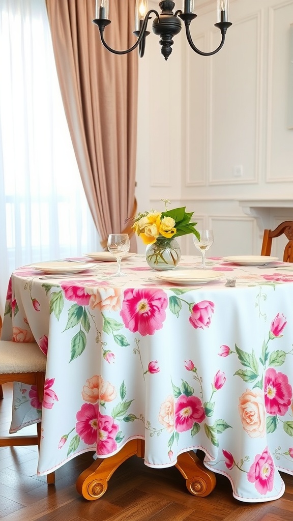 A dining table covered with a floral-printed tablecloth featuring pink and peach flowers, complemented by a vase of yellow roses.