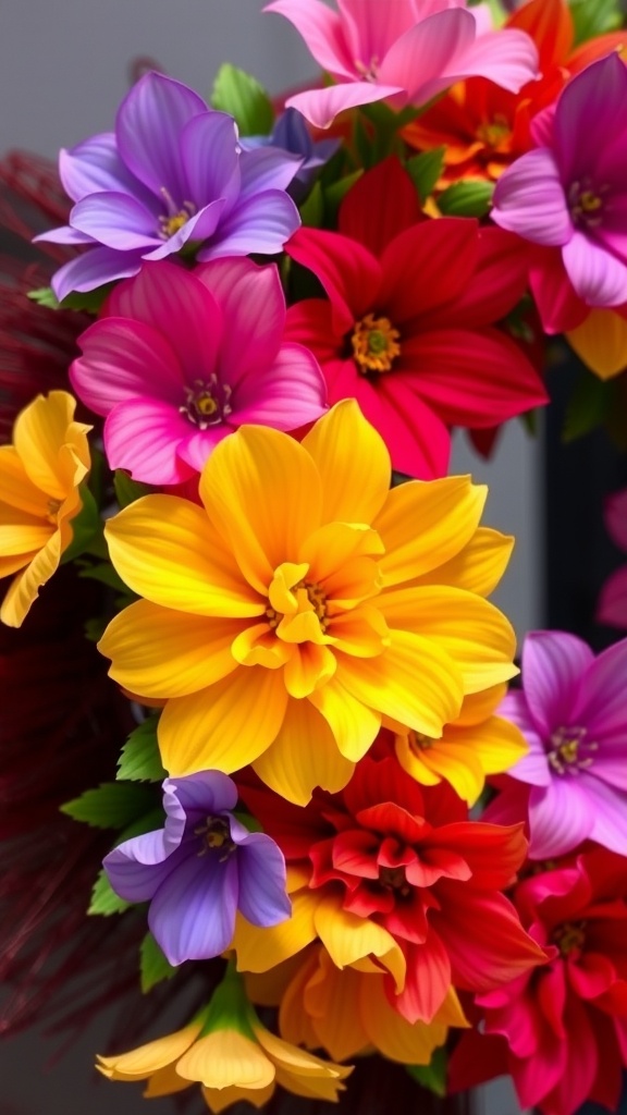 Brightly colored faux flowers in yellow, pink, purple, and red arranged for a wreath.