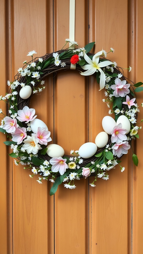 An Easter wreath featuring pink flowers, white daisies, and decorated eggs, hanging on a wooden door.